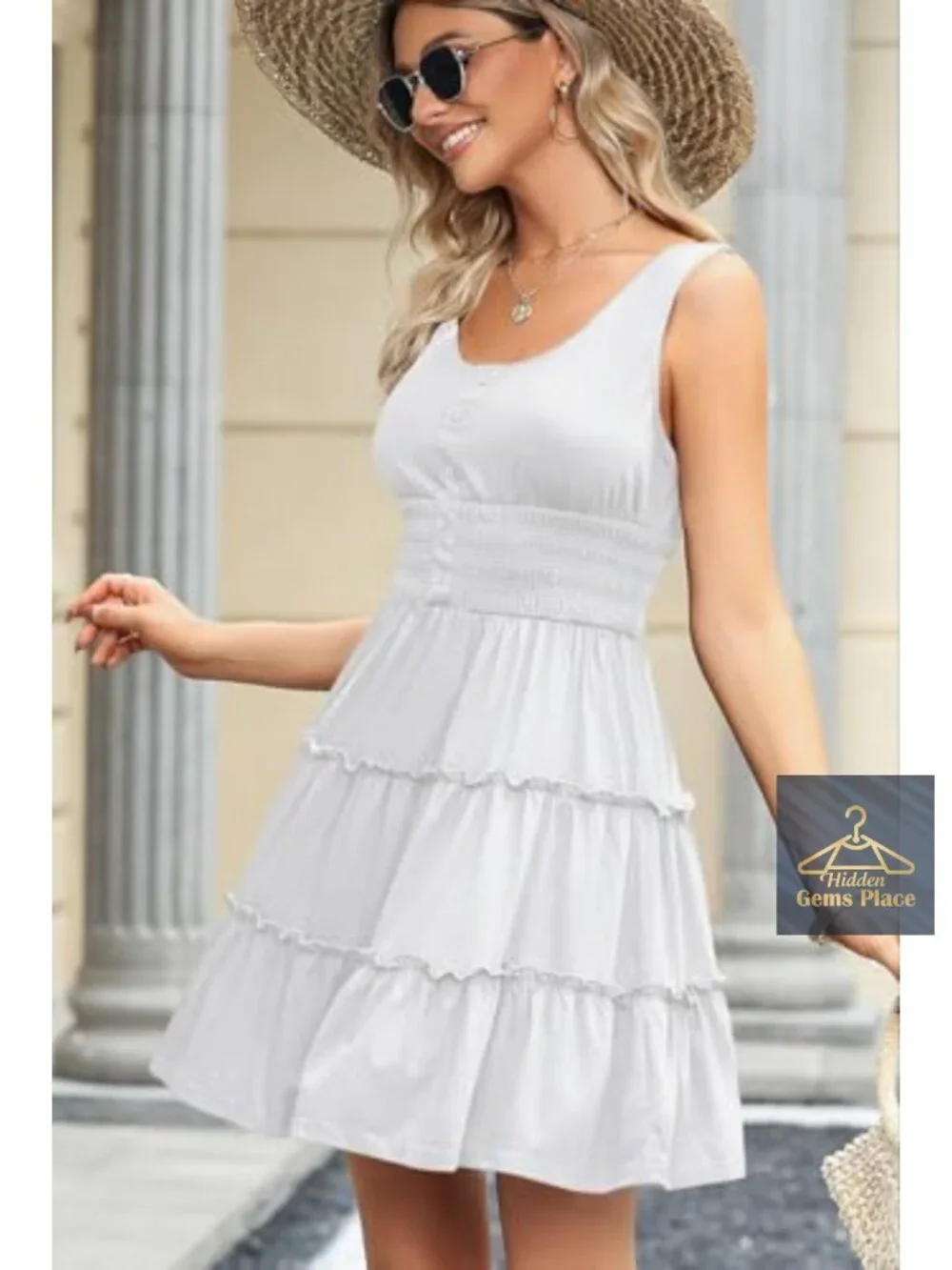 Sleeveless Smocked Empire Waist Ruffle Tiered Swing Mini Dress